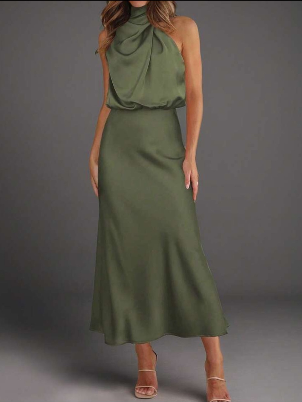 Olive Green Satin Maxi Dress